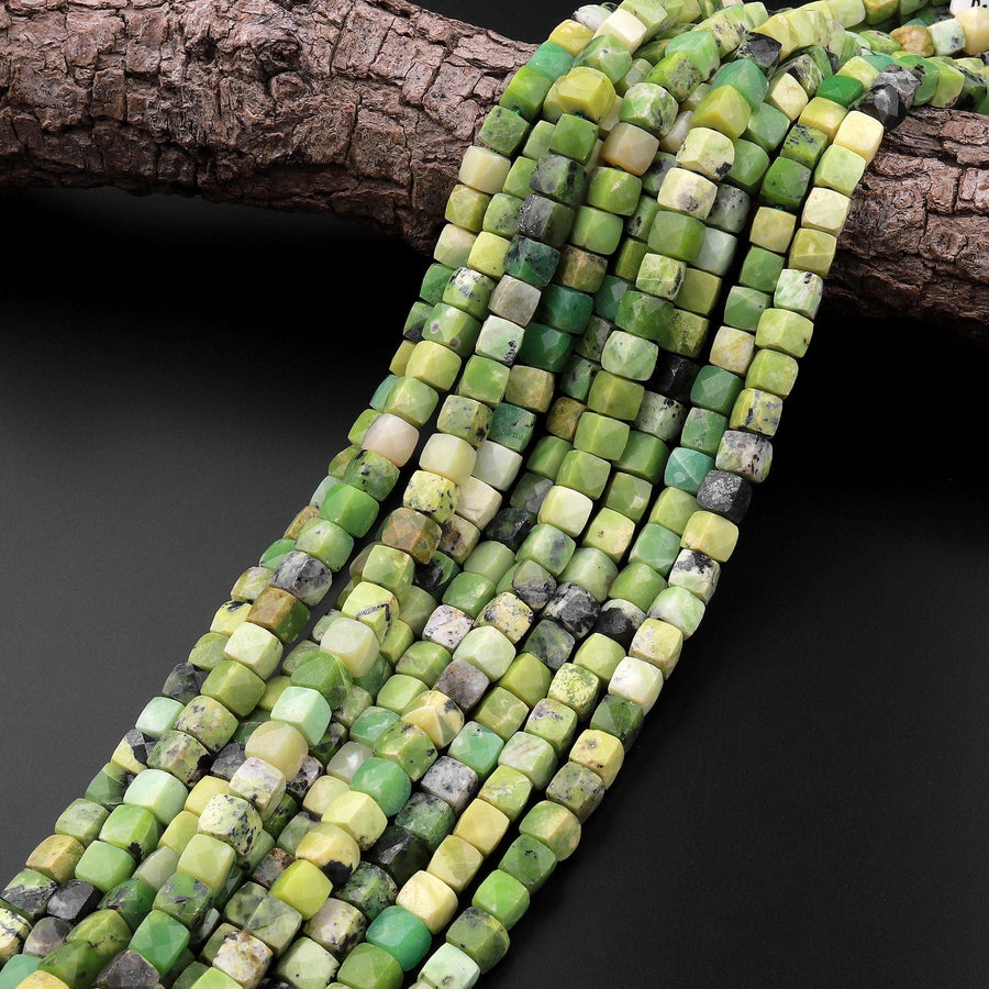 Natural African Green Yellow Chrysoprase Faceted 6mm 8mm Cube Square Dice Beads Gemstone 15.5" Strand