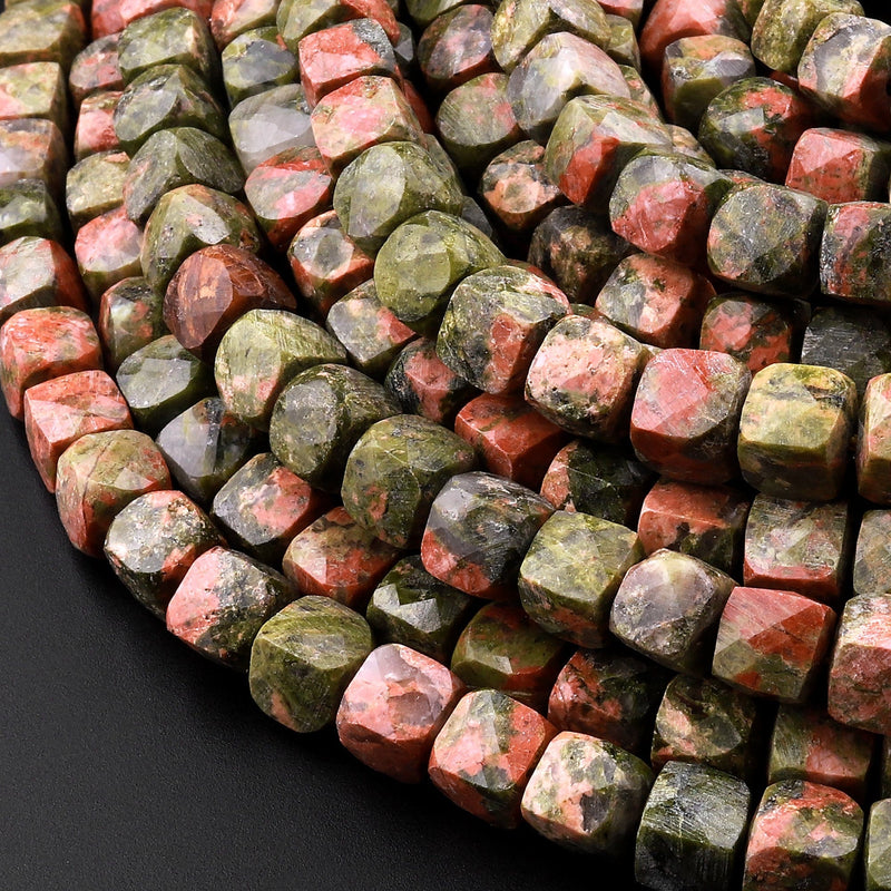 Faceted 5mm 6mm Unakite Cube Beads Dazzling Natural Gemstone 15.5" Strand