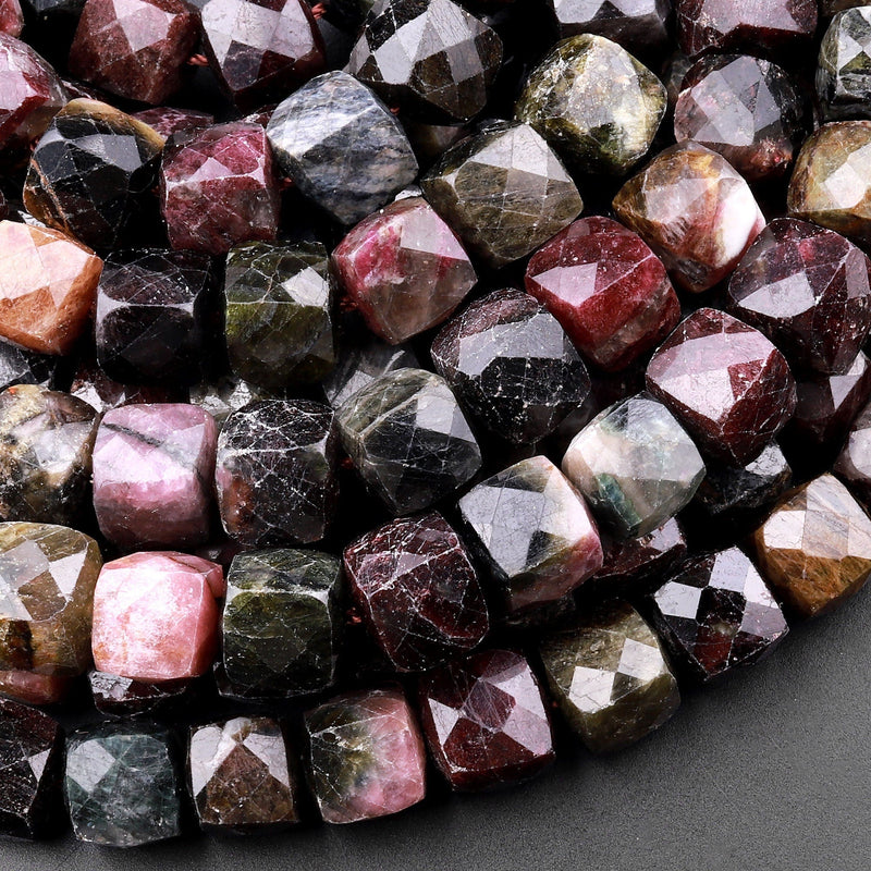 Large Natural Tourmaline Faceted 10mm Cube Dice Square Beads Micro Laser Diamond Cut Gemstone 15.5" Strand
