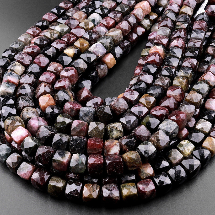 Large Natural Tourmaline Faceted 10mm Cube Dice Square Beads Micro Laser Diamond Cut Gemstone 15.5" Strand