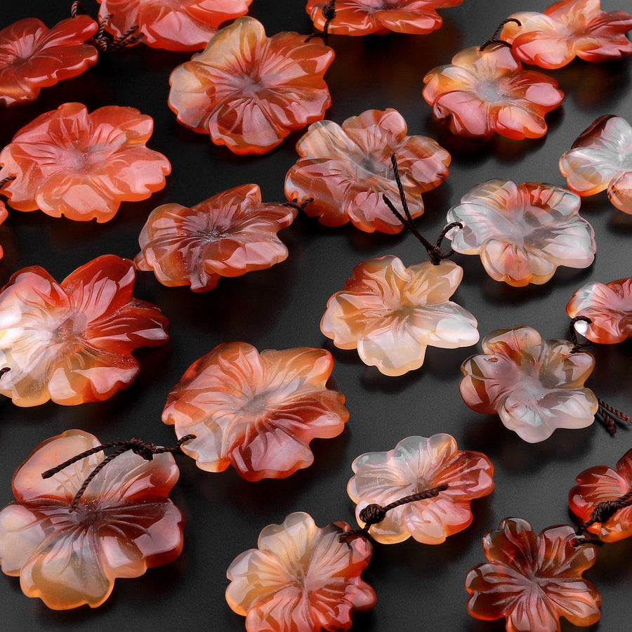 Hand Carved Natural Carnelian Flower Earring Pair Drilled Gemstone Matched Beads