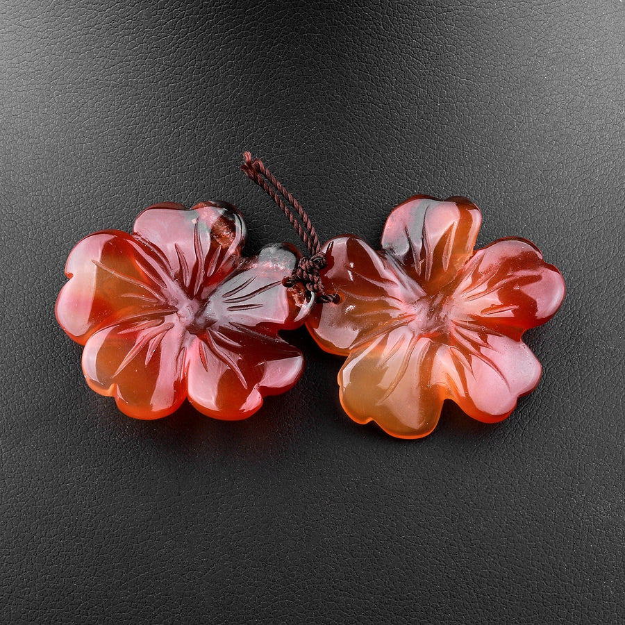 Hand Carved Natural Carnelian Flower Earring Pair Drilled Gemstone Matched Beads