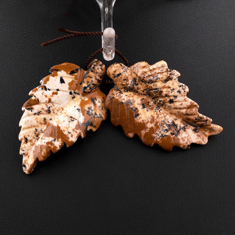 Hand Carved Natural Picture Jasper Brown Leaf Earring Pair Drilled Gemstone Matched Beads