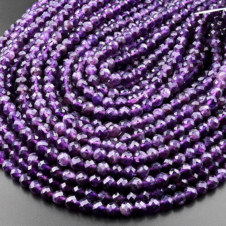 Faceted Natural Purple Amethyst 4mm 6mm 8mm Round Beads 15.5" Strand