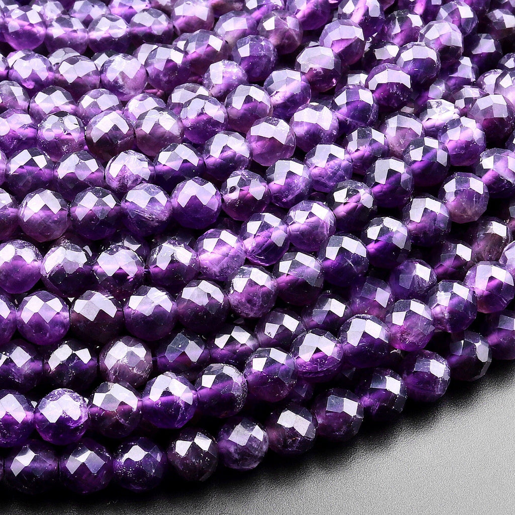 Faceted Natural Purple Amethyst 4mm 6mm 8mm Round Beads 15.5" Strand