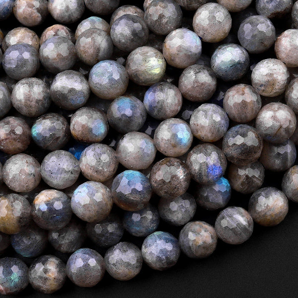 Faceted Natural Labradorite 6mm 8mm 10mm 12mm Round Beads 15.5" Strand