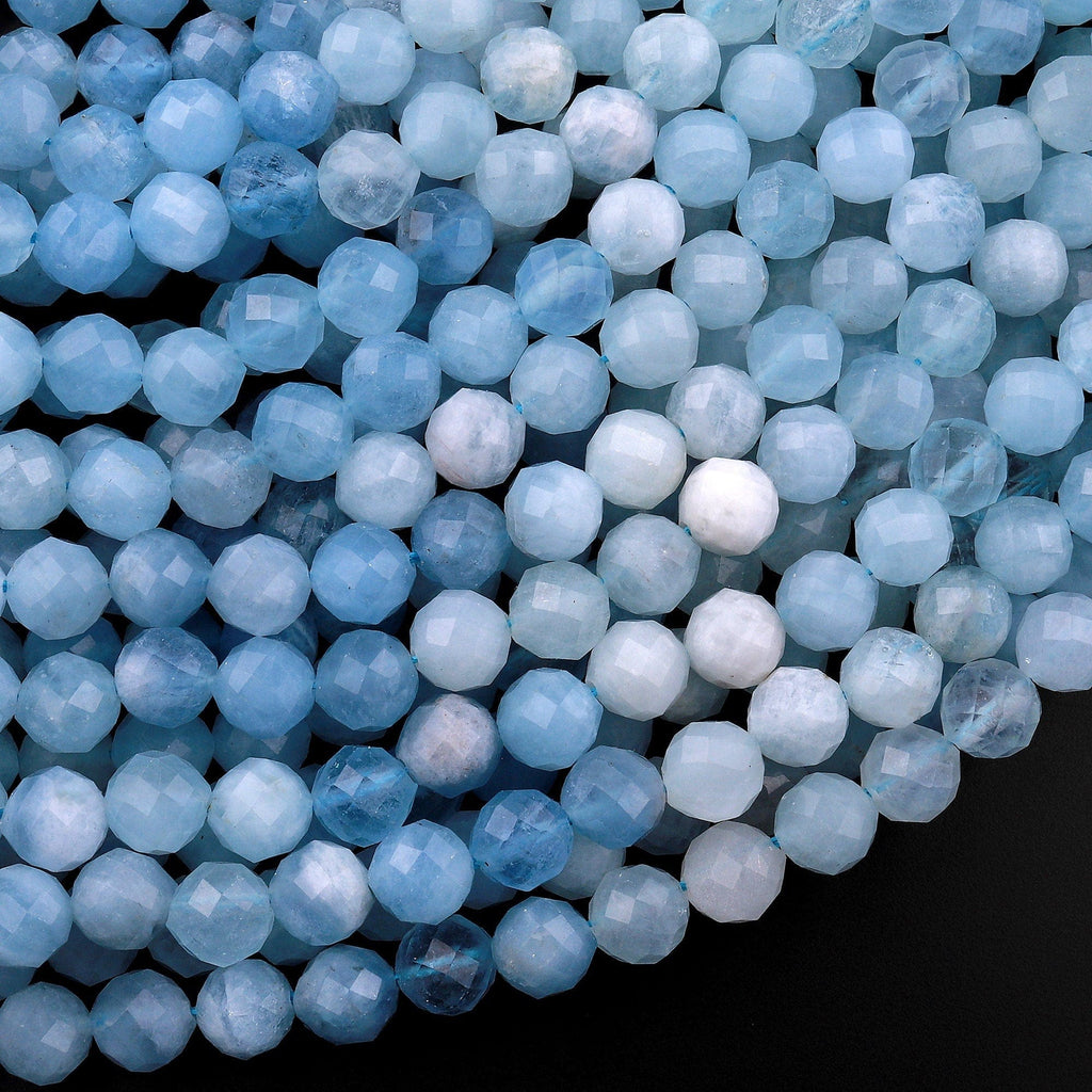 AAA Faceted Natural Blue Aquamarine 6mm Round Beads Micro Laser Diamond Cut Gemstone 15.5" Strand