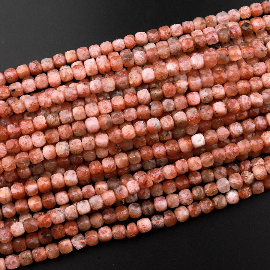 Natural Sunstone Faceted 5mm Cube Dice Square Beads 15.5" Strand