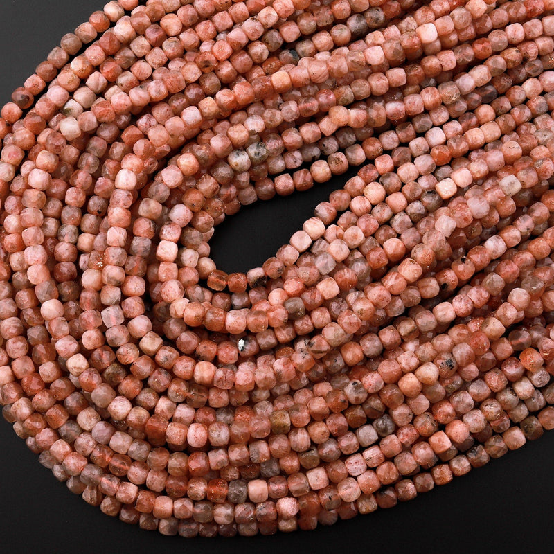 Natural Sunstone Faceted 5mm Cube Dice Square Beads 15.5" Strand