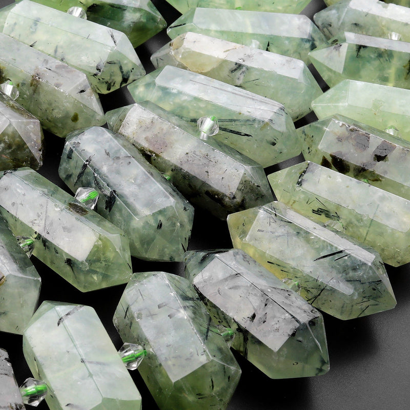 Natural Green Prehnite Beads Double Terminated Point Center Drilled Focal Pendants 15.5" Strand