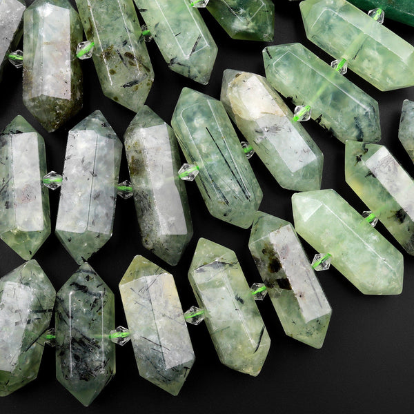 Natural Green Prehnite Beads Double Terminated Point Center Drilled Focal Pendants 15.5" Strand