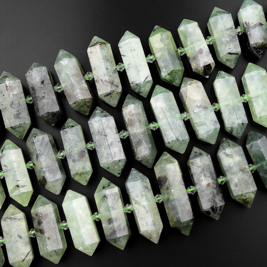 Natural Green Prehnite Beads Double Terminated Point Center Drilled Focal Pendants 15.5" Strand