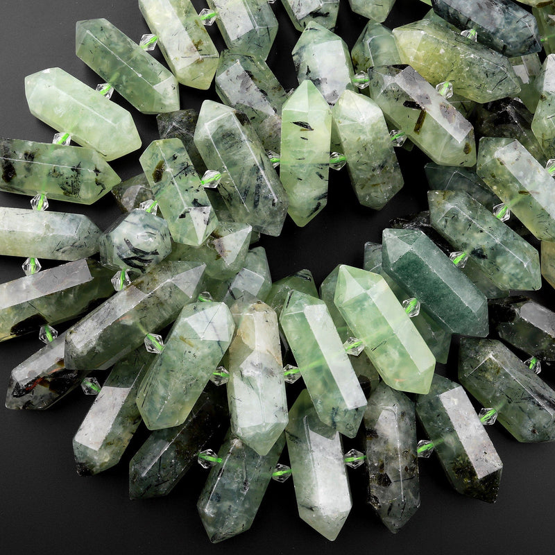 Natural Green Prehnite Beads Double Terminated Point Center Drilled Focal Pendants 15.5" Strand