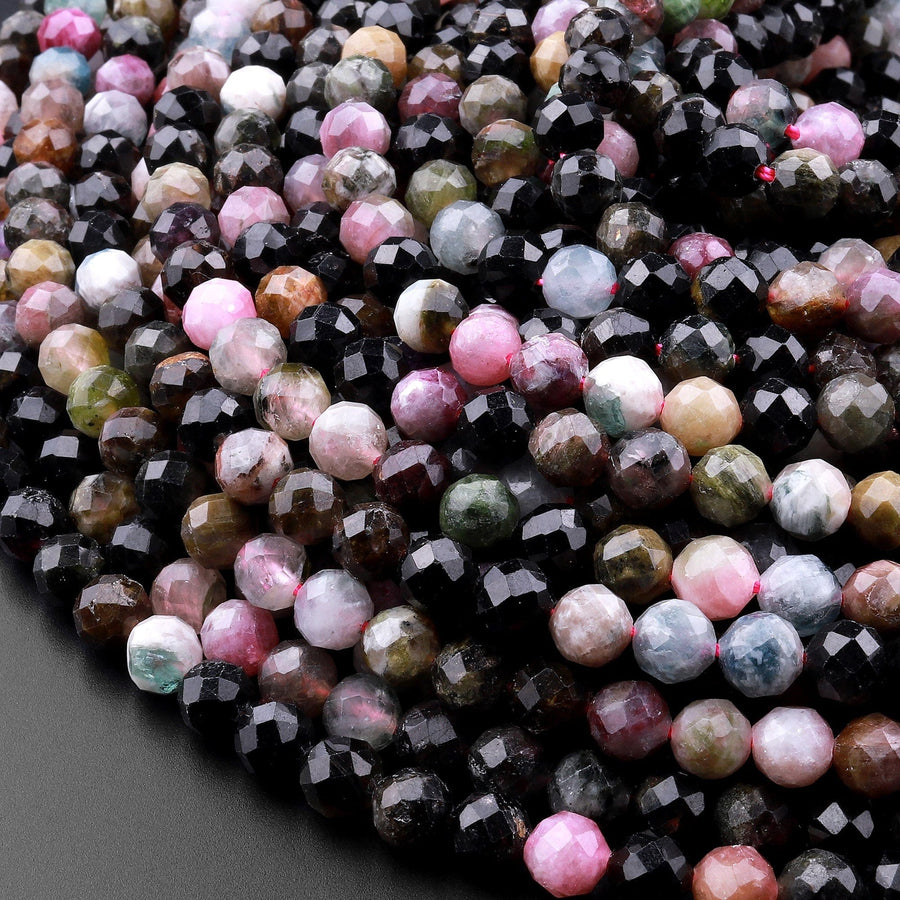 Faceted Natural Green Pink Tourmaline Round Beads 6mm 15.5" Strand