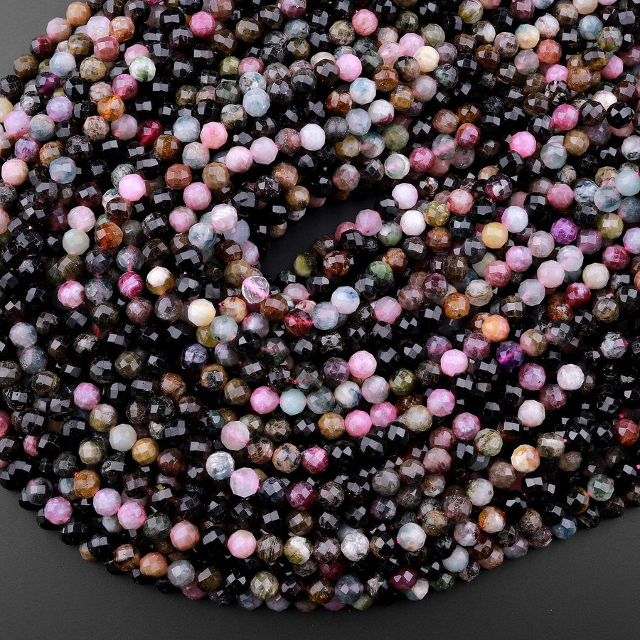 Faceted Natural Green Pink Tourmaline Round Beads 6mm 15.5" Strand