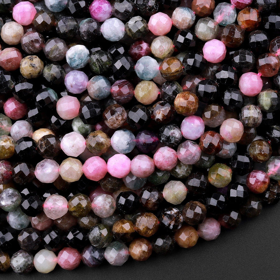 Faceted Natural Green Pink Tourmaline Round Beads 6mm 15.5" Strand