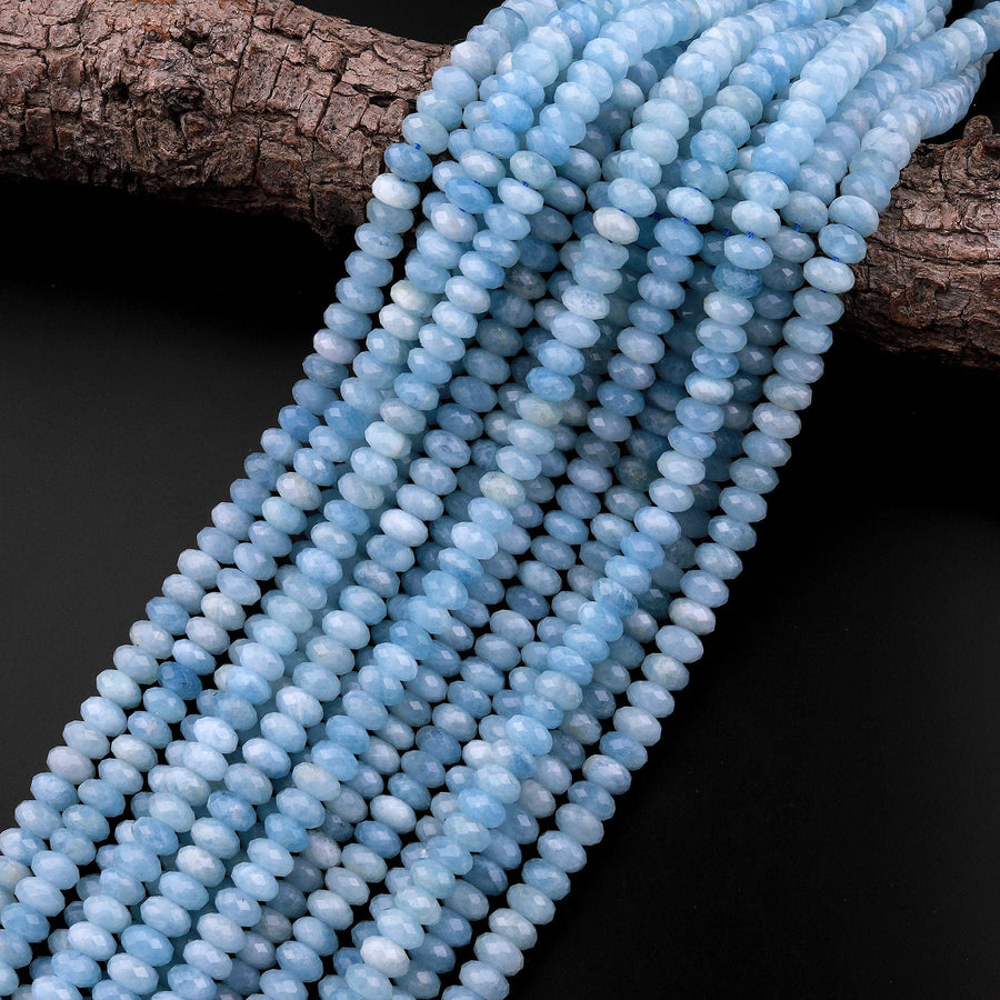 AA Faceted Natural Blue Aquamarine Rondelle Beads 6mm 8mm 10mm 15.5" Strand