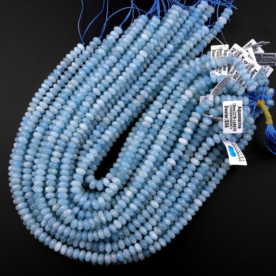 AA Faceted Natural Blue Aquamarine Rondelle Beads 6mm 8mm 10mm 15.5" Strand