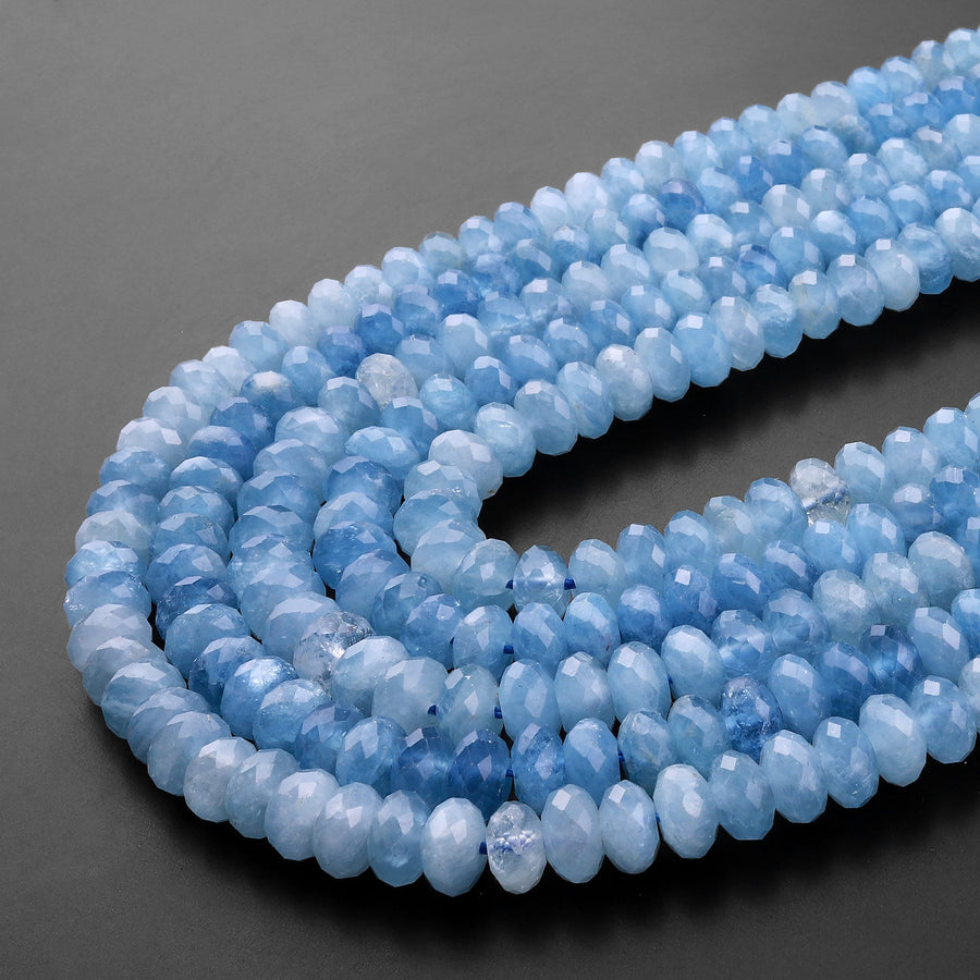 AAA Faceted Natural Blue Aquamarine Rondelle Beads 4mm 6mm 8mm 10mm 15.5" Strand