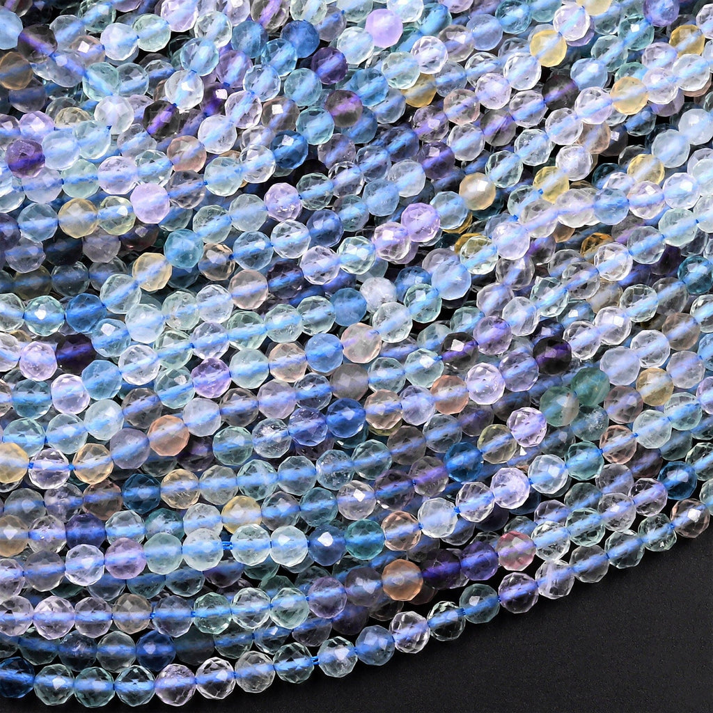 AAA Natural Multicolor Rainbow Fluorite Faceted 3mm 4mm Round Beads Purple Blue Green Shaded 15.5" Strand