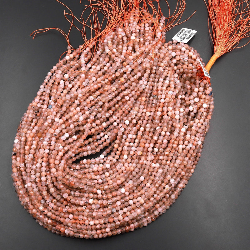 Faceted Natural Peach Sunstone Round Beads 4mm Sparkling Micro Diamond Cut Gemstone 15.5" Strand