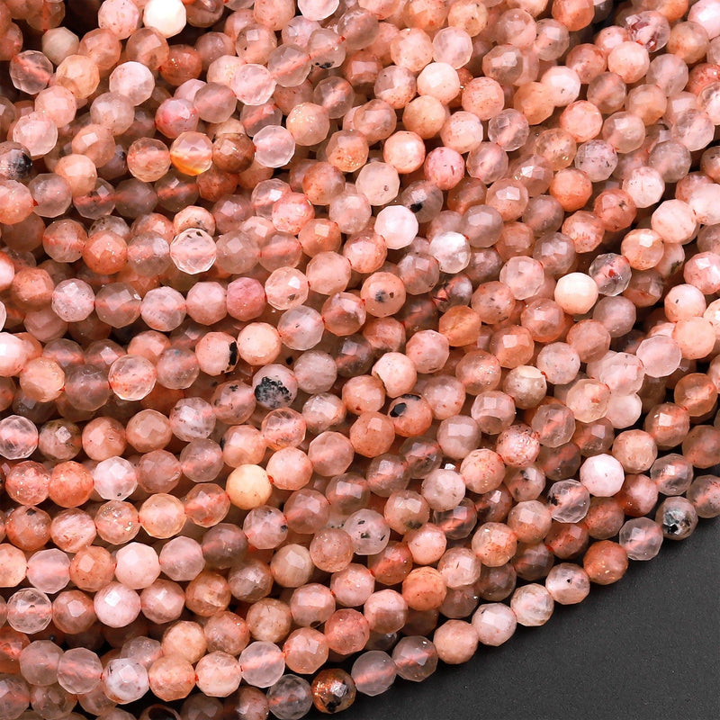 Faceted Natural Peach Sunstone Round Beads 4mm Sparkling Micro Diamond Cut Gemstone 15.5" Strand