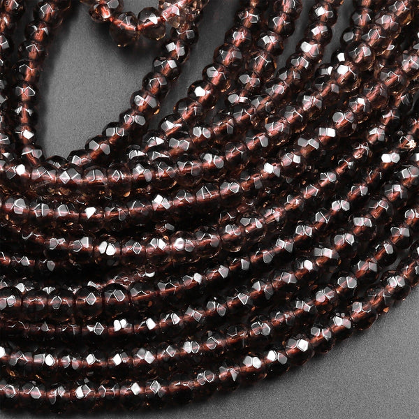 Faceted Smoky Quartz Rondelle Beads 4mm Real Natural Quartz High Quality Gemstone 15.5" Strand