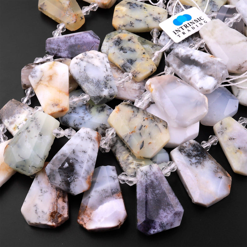 Natural Dendritic Opal Beads Faceted Trapezoid Tapered Teardrop Top Side Drilled Flat Slice Pendant 15.5" Strand