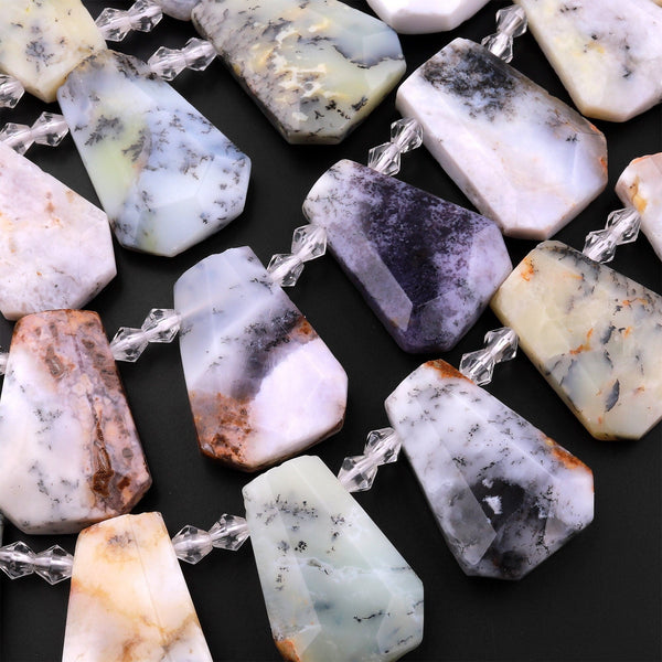 Natural Dendritic Opal Beads Faceted Trapezoid Tapered Teardrop Top Side Drilled Flat Slice Pendant 15.5" Strand