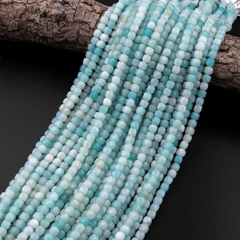 Natural Blue Amazonite Faceted 4mm 5mm Cube Dice Square Beads Strand