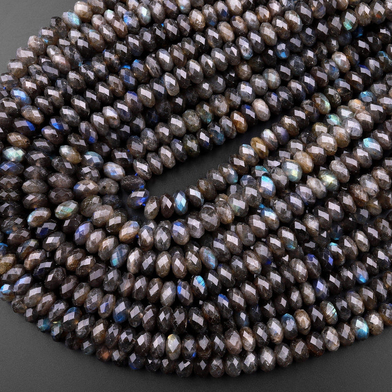 AA Faceted Dark Labradorite Rondelle Beads 7mm 8mm Brilliant Rainbow Blue Flashes Fire 15.5" Strand