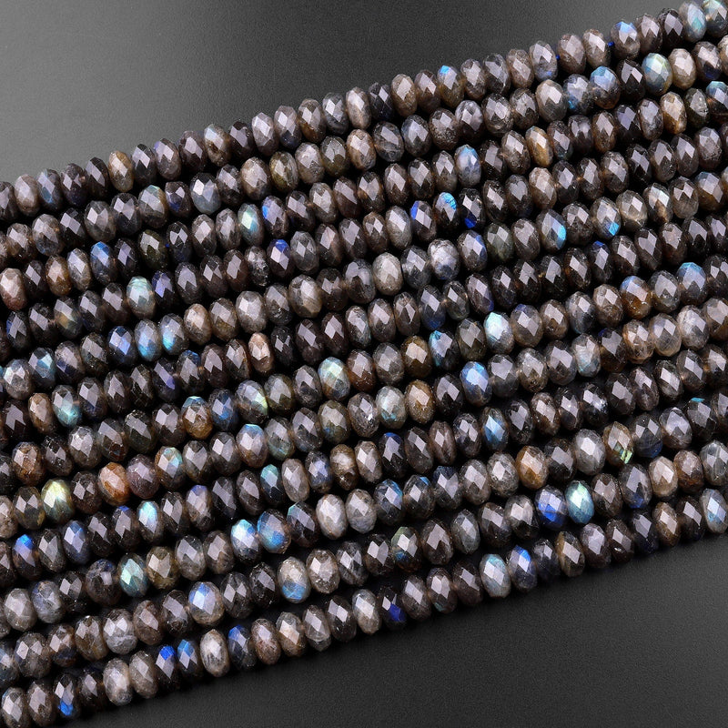 AA Faceted Dark Labradorite Rondelle Beads 7mm 8mm Brilliant Rainbow Blue Flashes Fire 15.5" Strand