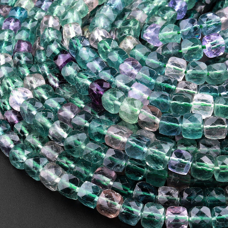 Natural Fluorite Faceted 6mm Cube Square Dice Beads Vibrant Rainbow Purple Green Gemstone 15.5" Strand