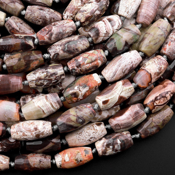 Faceted Mushroom Jasper Rhyolite Drum Cylinder Barrel Rice Beads 15.5" Strand