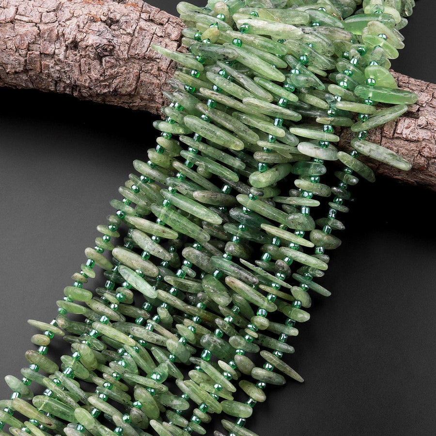 Natural Green Kyanite Freeform Spike Beads Top Side Drilled Long Stick Chip 15.5" Strand