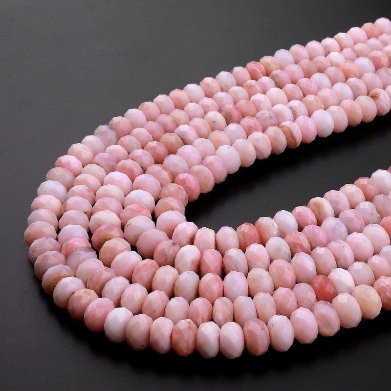 AAA Micro Faceted Natural Peruvian Pink Opal 8mm Rondelle Beads Gemstone 15.5" Strand