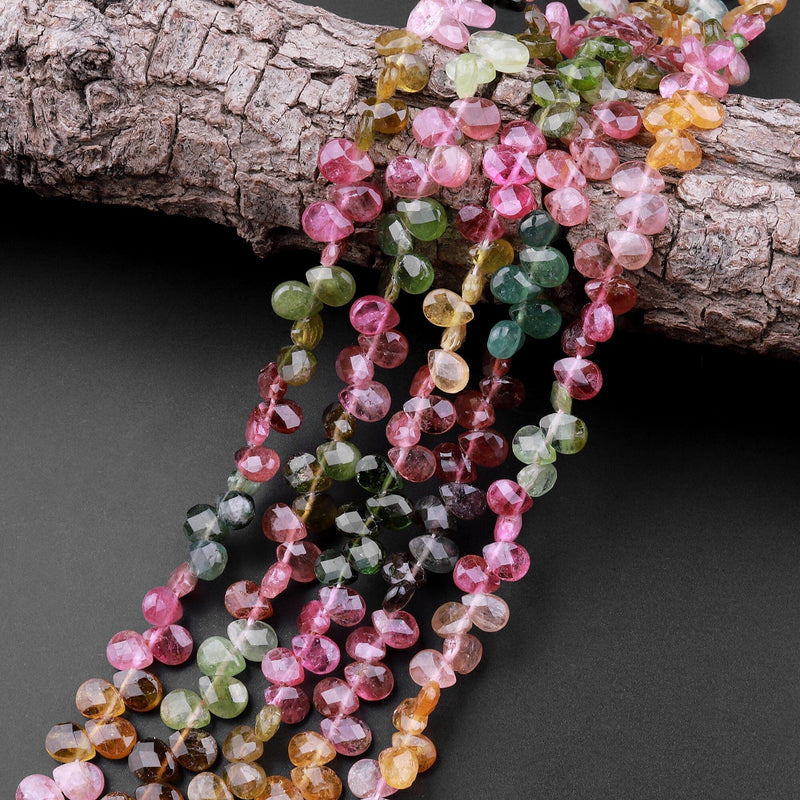 AAA Faceted Tourmaline Teardrop Briolette Beads Natural Multicolor Watermelon Pink Green Yellow Gemstone 16" Strand
