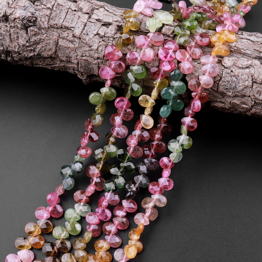 AAA Faceted Tourmaline Teardrop Briolette Beads Natural Multicolor Watermelon Pink Green Yellow Gemstone 16" Strand