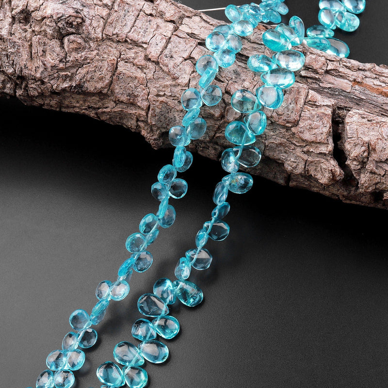 Faceted Real Genuine Natural Sky Blue Apatite Teardrop Briolette Beads 8" Strand