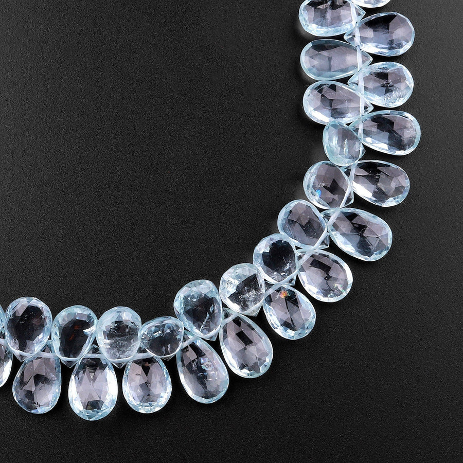 Faceted Real Genuine Natural Blue Topaz Teardrop Briolette Beads 8" Strand