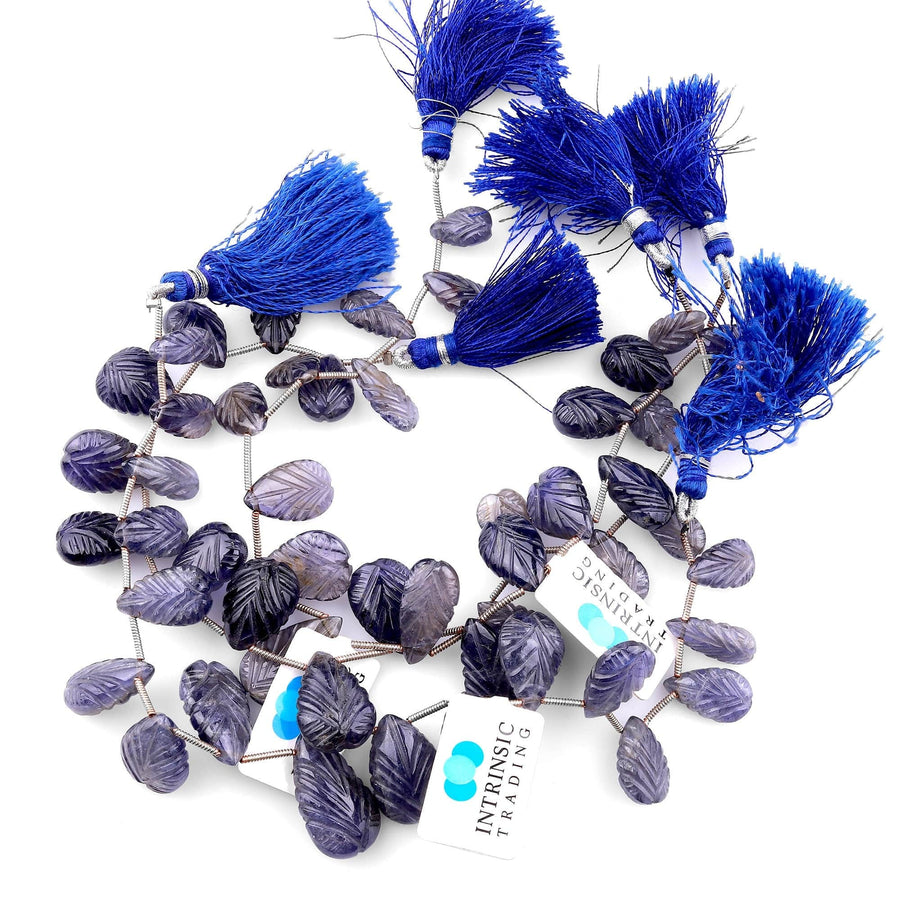 Hand Carved Real Genuine Natural Iolite Leaf Teardrop Beads 8" Strand