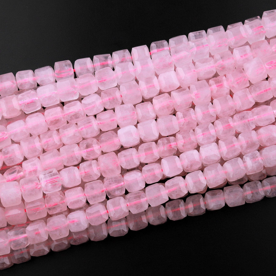 AAA Natural Pink Rose Quartz 6mm Faceted Cube Dice Square Beads 15.5" Strand