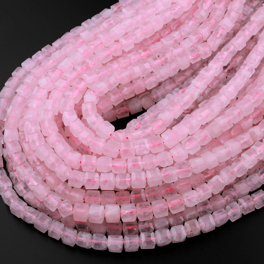 AAA Natural Pink Rose Quartz 6mm Faceted Cube Dice Square Beads 15.5" Strand