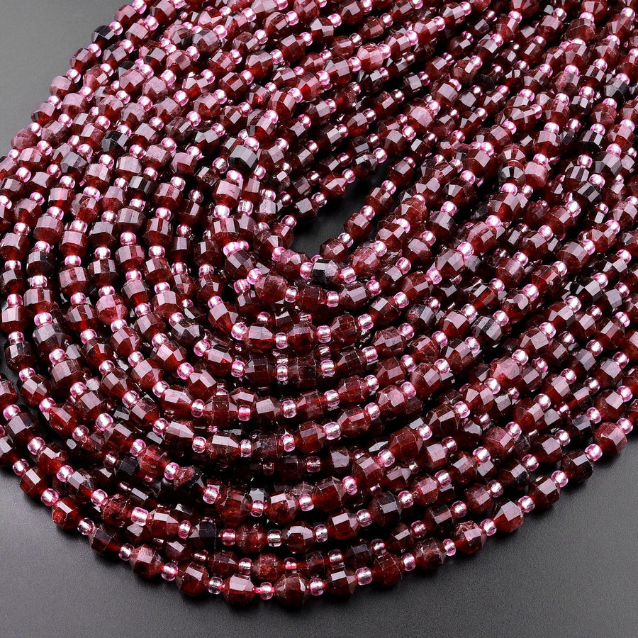 Natural Red Garnet 6mm Beads Faceted Energy Prism Double Terminated Points 15.5" Strand