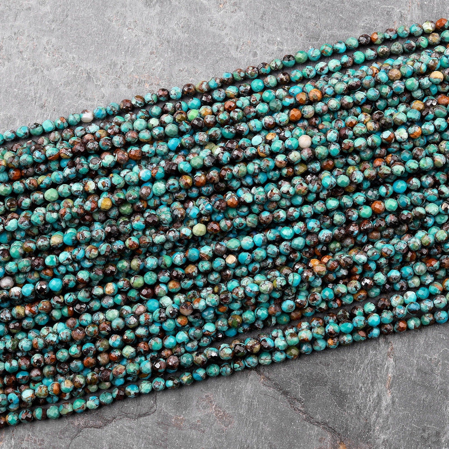 Natural Turquoise 2mm 3mm Faceted Round Beads Real Genuine Bright Brown Blue Green Turquoise Micro Diamond Cut 15.5" Strand