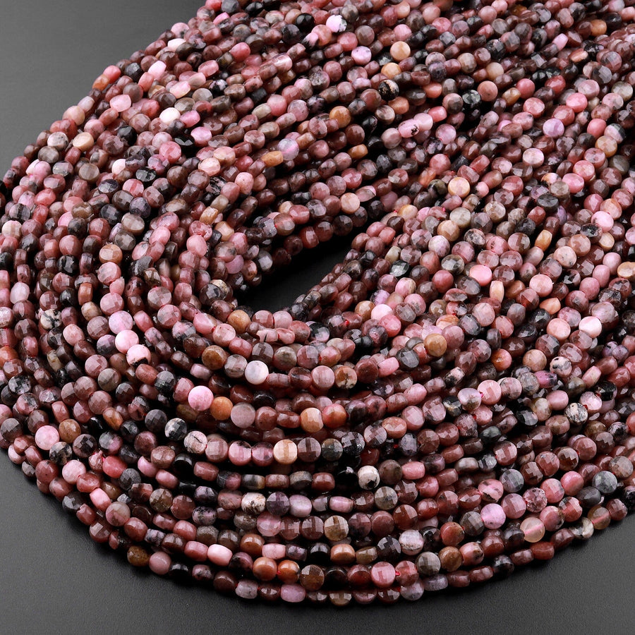 Faceted 4mm Rhodonite Coin Beads 15.5" Strand