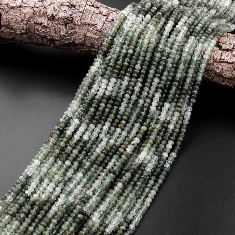Micro Faceted Natural Green Phantom Rutile Lodalite Quartz Rondelle Beads 4mm 15.5" Strand