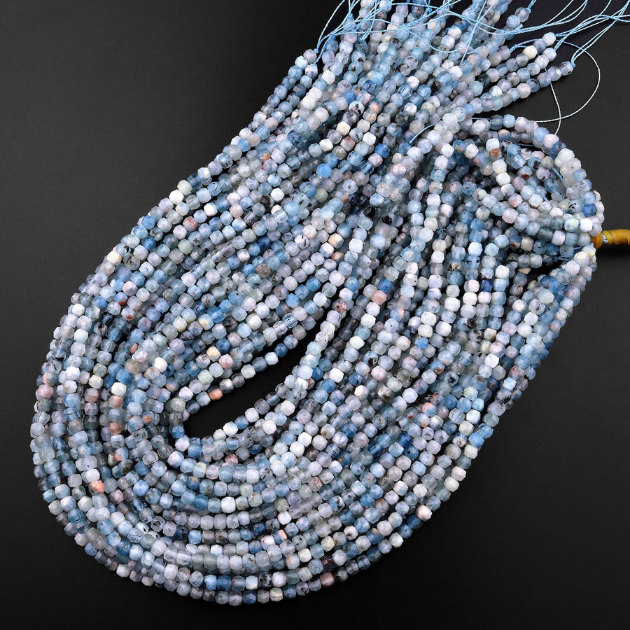 Natural Blue Aquamarine Faceted 4mm Cube Beads Micro Faceted Laser Diamond Cut 15.5" Strand