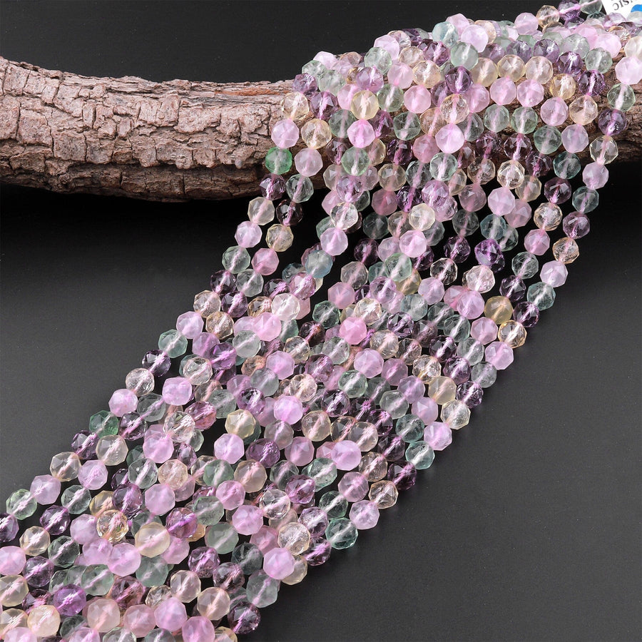 Natural Amethyst Rose Quartz Citrine Fluorite Double Hearted Star Cut Faceted 8mm Rounded Beads 15.5" Strand