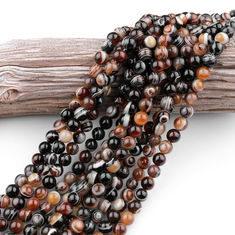 Natural Black Brown Sardonyx Agate 6mm 8mm 10mm Round Beads AAA Grade Amazing Eyes Bands Veins Antique Boho Mala Beads 15.5" Strand